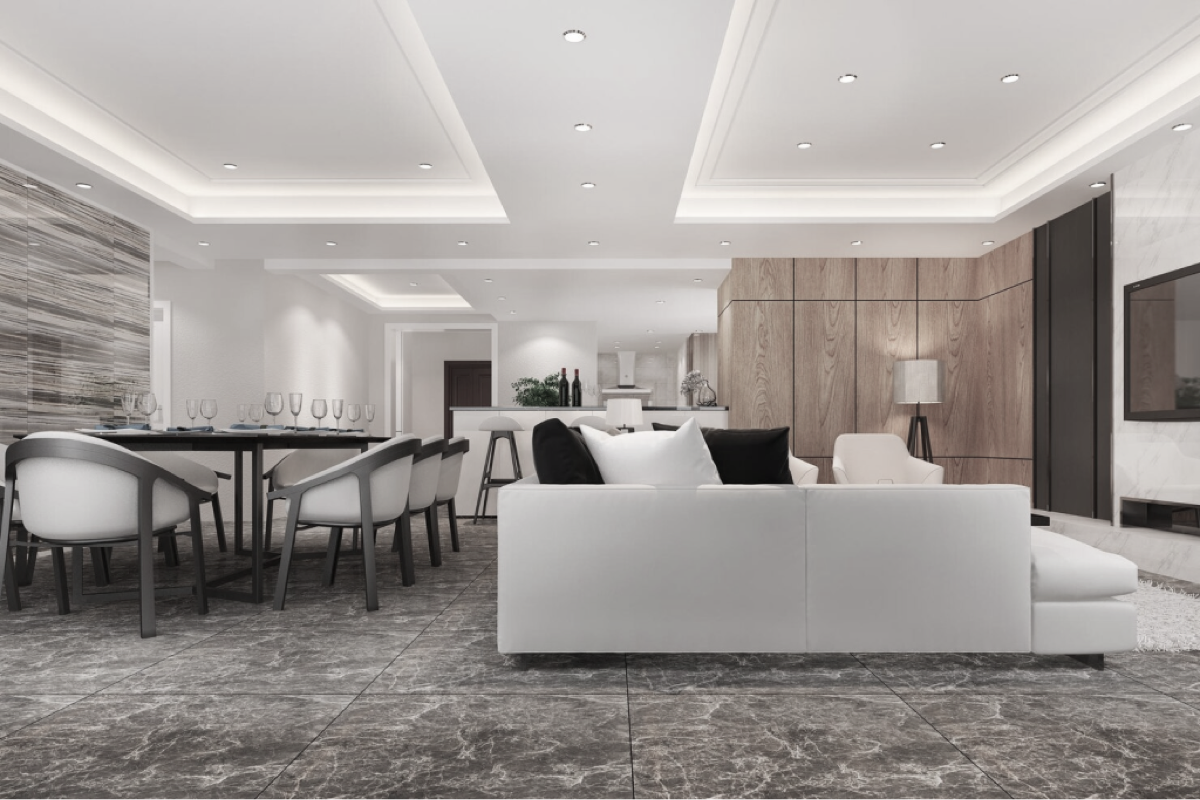 Wohnraum mit gestalteter Decke